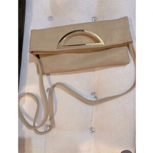 Aldo Beige Fold Over Crossbody Bag Clutch with Gold Accent Adjustable Strap
